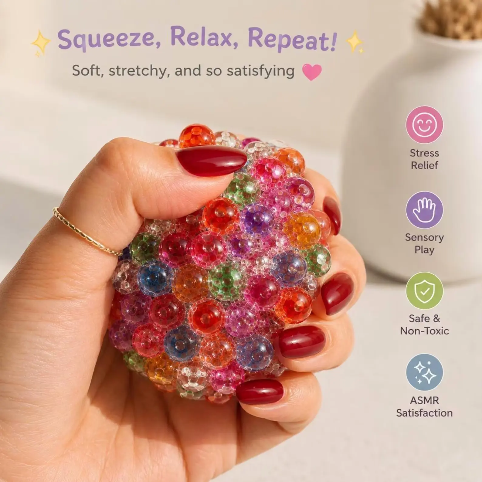 Squishy Ball Crunchy Beads- ASMR Fidget Stress Relief | Handmade Sensory Toy for Kids & Adults
