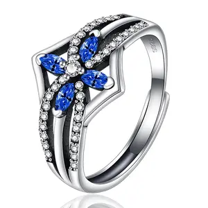 Blue Sapphire Floral Statement Ring | 925 Silver CZ Accent Adjustable Ring for Women
