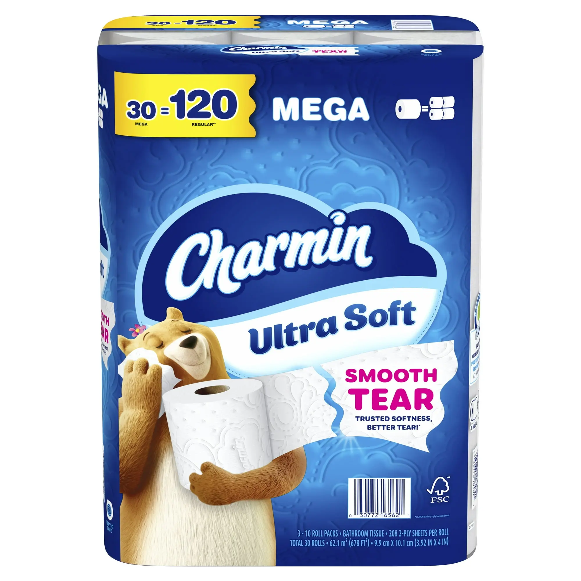 Smooth Soft Toilet Paper Pack, 30 Mega Rolls, 2-Ply Bath Tissue