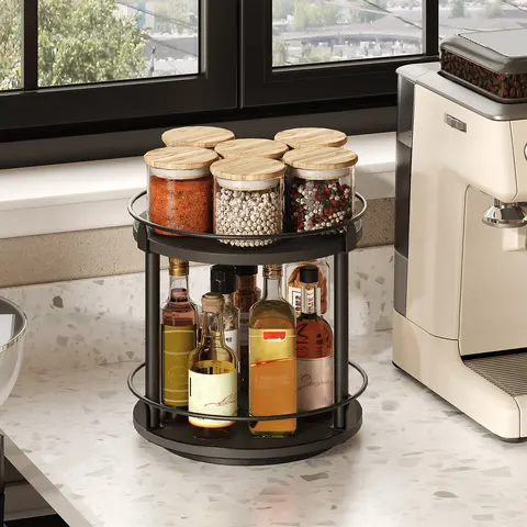 YATINEY Metal Multi-Tiered Lazy Susan Organizer Rack - Smooth Rotating Stand Kitchen Furniture with Ball Bearings, Industrial Shelf for Kitchen Storage & Organization, Countertop/Cabinet Use