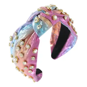 Jeweled Knotted Headband for Women Girls Sparkly Crystal Rhinestone Headband Wide Top Knot Women's Embellished Hairband Hair Accessories Beige