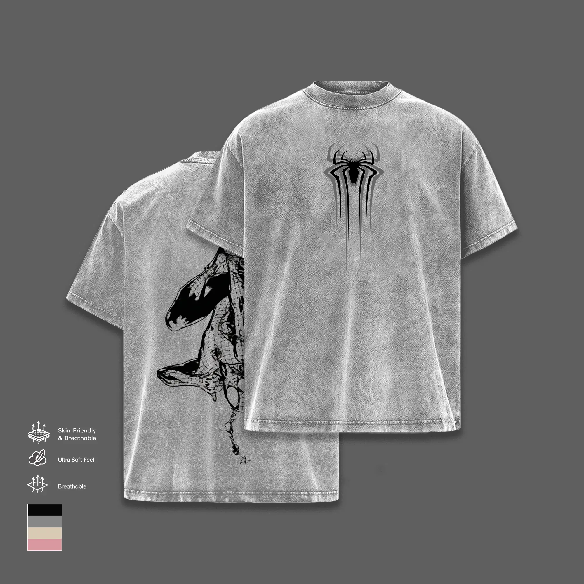 Black Web Hero Vintage Washed Graphic T-Shirt, Dark Symbiote Double Sided Oversized Heavyweight Cotton Tee, Acid Wash Comic Inspired Streetwear, Retro Y2K Hero Apparel, Unisex Collector Fan Gift, Urban Fashion