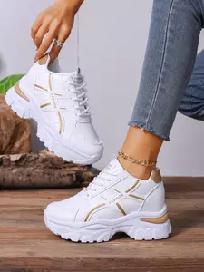 Lace-up sports dad shoes designed specifically for women, height-increasing white casual chunky heel shoes, comfortable and lightweight wedge sneakers, breathable and durable, suitable for school, travel, dating, streetwear, and other occasions.