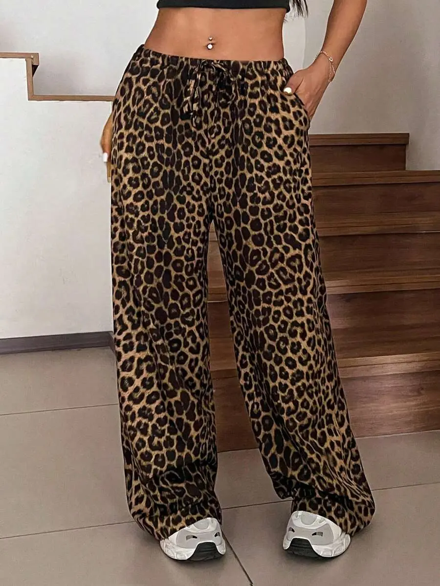 Plus Size Women Fashionable Leopard Printed Wide Leg Pants Fall