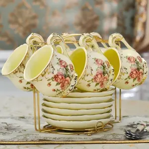 European-style Ceramic Coffee Cup Gift Box Set, Gold-rimmed Household English-style Coffee Cups, 6 Cups & 6 Saucers with Rack Included, Ideal Holiday Gift