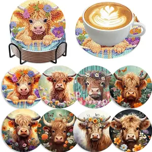 8-Piece Diamond Painting Coaster Set, Highland Cow Design DIY Art Kit, Includes Stand & Cork Pad, Perfect Gift for Beginners