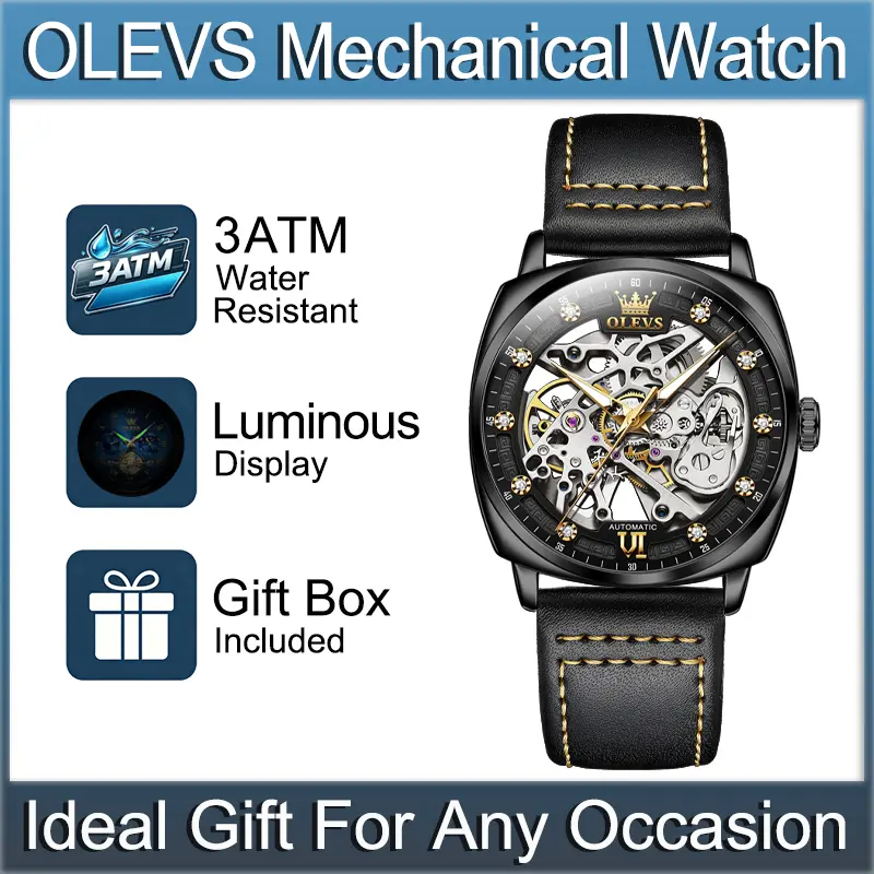 OLEVS 6651 Men Square Skeleton Automatic Mechanical Watch, Trendy Hollow Wrist Watch with Luminous Hands, 3ATM Daily Splash Resistant, Ideal Gift Choice