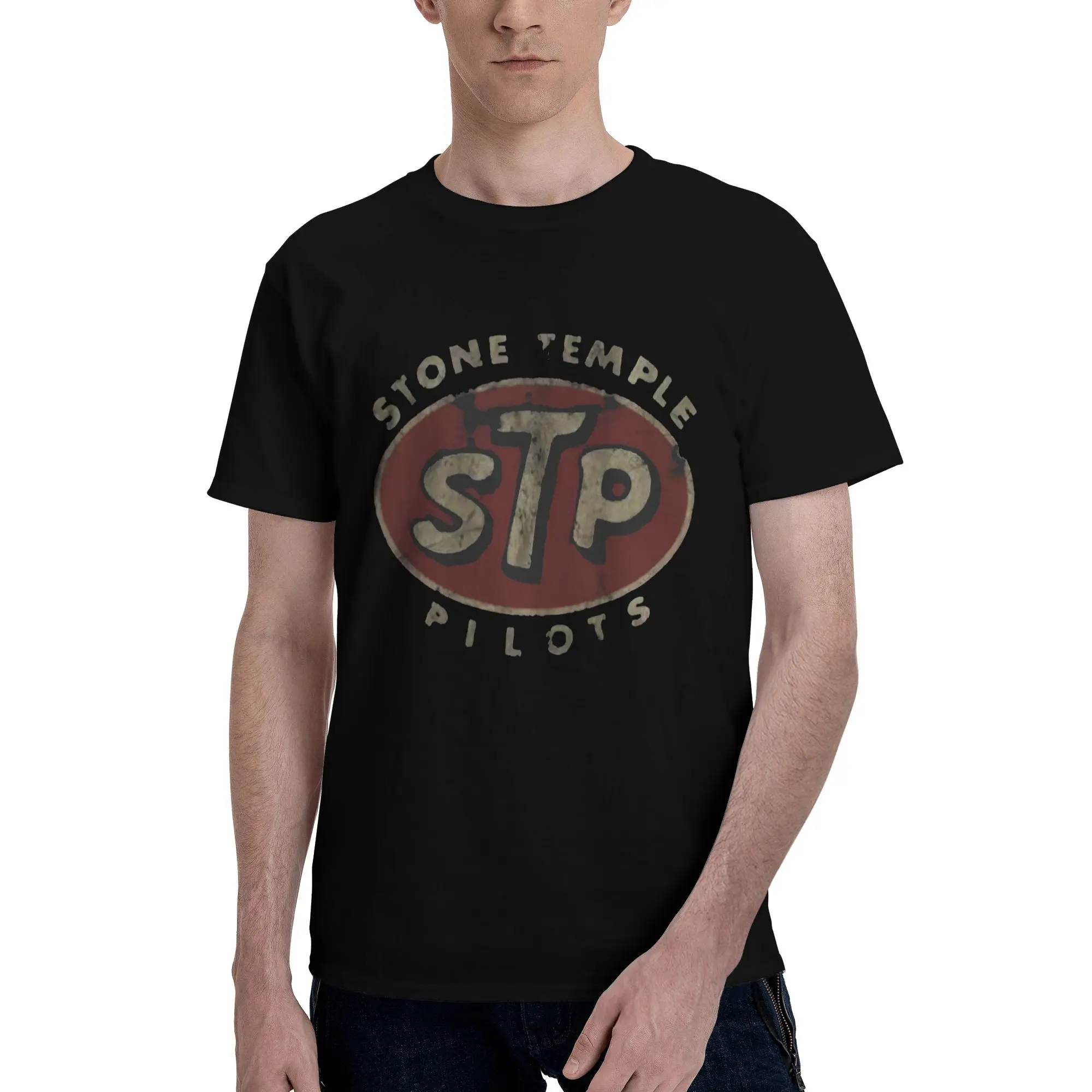 Men's Retro Stone Temple Pilots Graphic Print Round Neck Breathable Cotton Tshirt, Loose Fit Sporty Sports Top, Vintage Band Logo, Reinforced Stitch, Ideal Gift for Music Fans, Sporty Sports Tops