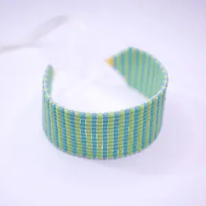 Handmade Bead-Woven Bracelet, Stripe Beaded Bracelet, Turquoise, Lime, Yellow, Cuff, Wrist Bracelet, Boho Jewelry, Minimalist, Bracelet Gift