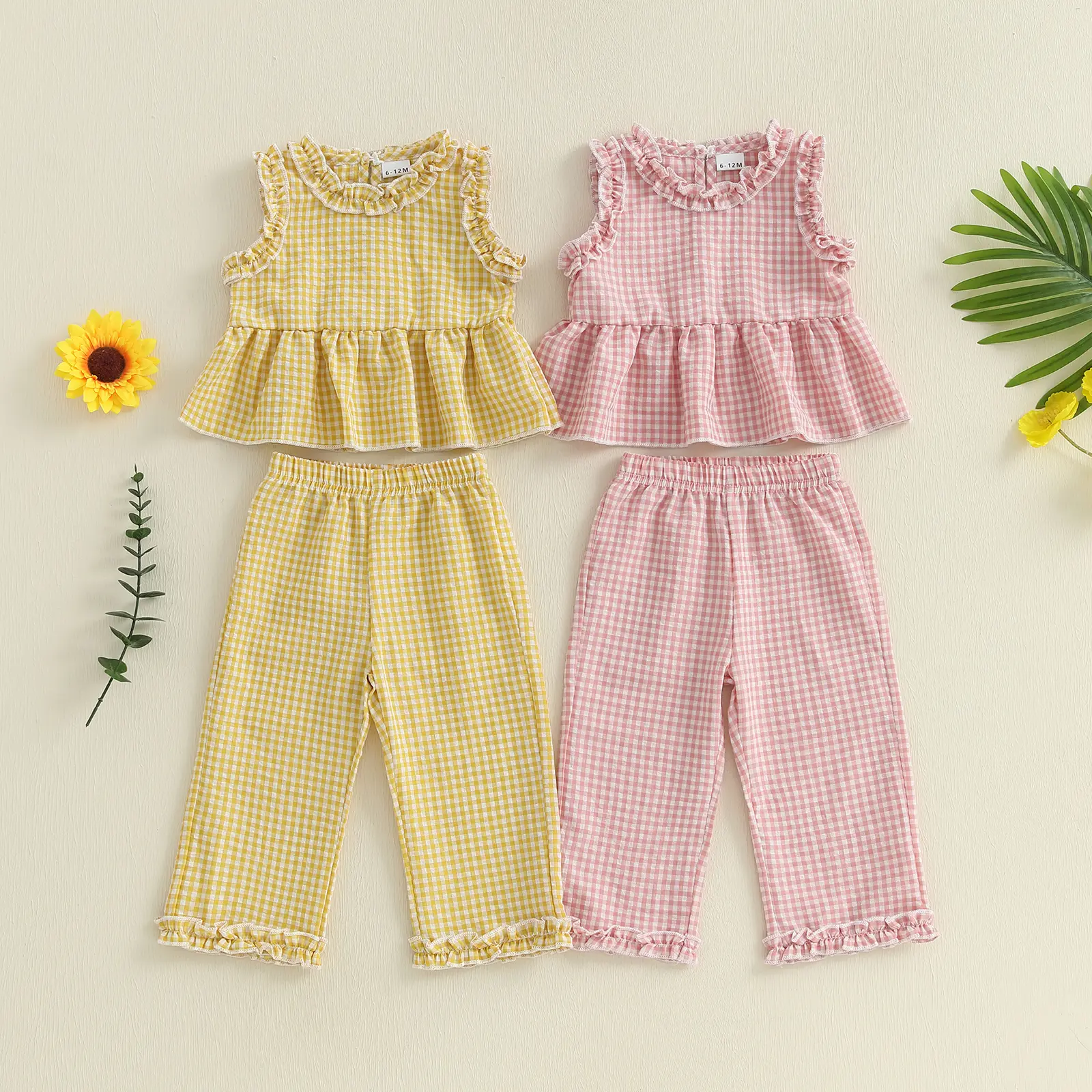 Toddler Baby Girl 2-Piece Summer Clothes Set - Checkered Ruffle Edge Sleeveless Tank Top, Elastic Waist Pants