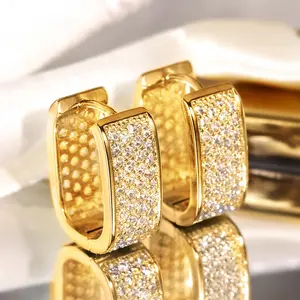 Geometric Rectangle Design Hoop Earrings, Double Sided Inlaid Cubic Zirconia Decorative Hoop Earrings, Shiny Fashion Personalized Accessories, Wedding Anniversary Party Holiday Jewelry Gifts for Women