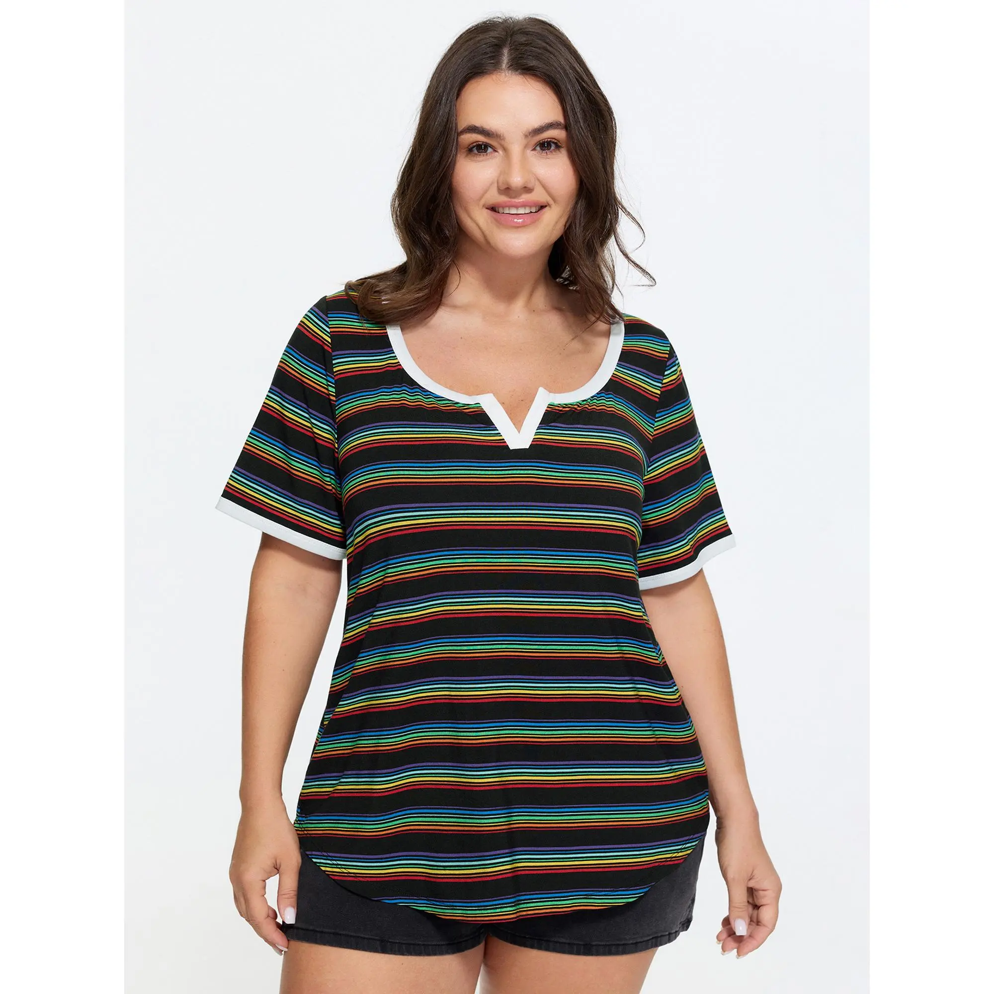 BloomChic Plus Size Casual Striped T-Shirt, Colorful Colorblock Short Sleeve Top in a Stretchy Rayon Cotton Blend, Tops, Garment, Fabric, Polyester, Fit