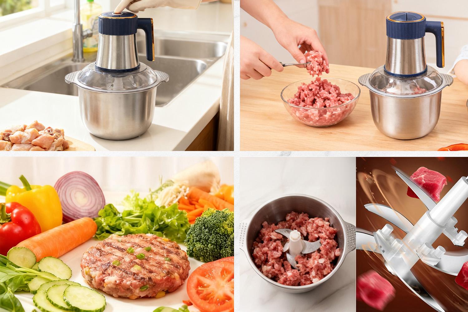 5-liter electric food processor features a stainless steel mixing bowl, is multi-functional, and can be used to process meats, vegetables, fruits, and nuts. It includes a plastic scraper, has a compact design, and is easy to use.