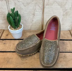 Twisted X Women's Brown Bomber Leather & Tooled Slip On Driving Moc Casual Shoe WXC0013