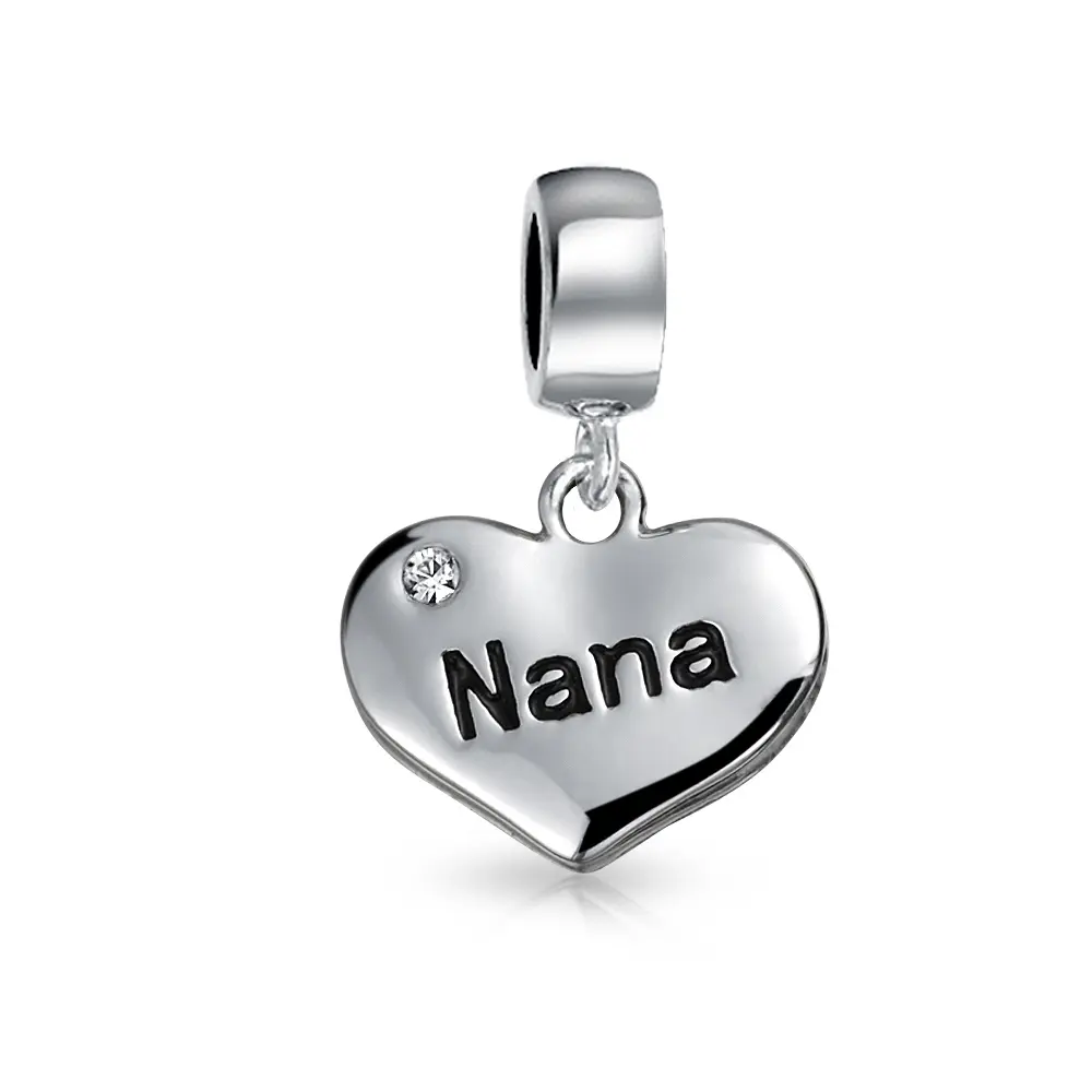 .925 Sterling Silver Word Nana Heart Dangle Charm Bead For Grandmother Crystal Accent for Bracelet