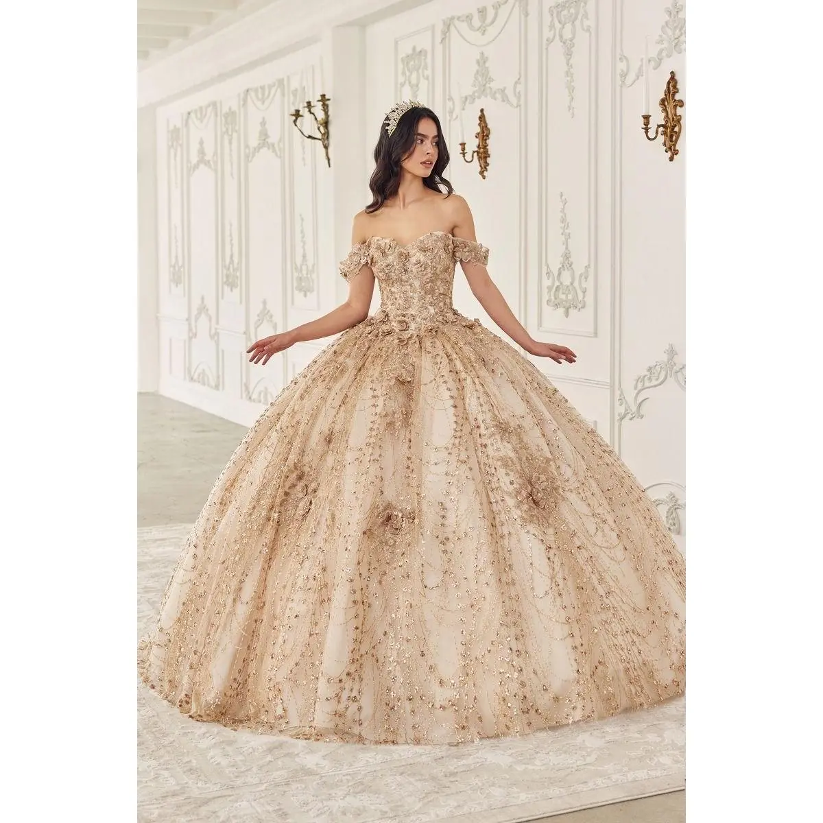 Cinderella Divine -15712 Off Shoulder Floral Quinceanera Ball Gown