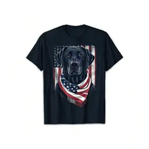 Black Labrador Retriever 4th of July T-Shirt for Men & Women – Heavyweight 220gsm cotton, retro American flag design, featuring a lovable Labrador puppy and USA flag print. Perfect for dog lovers and patriotic style