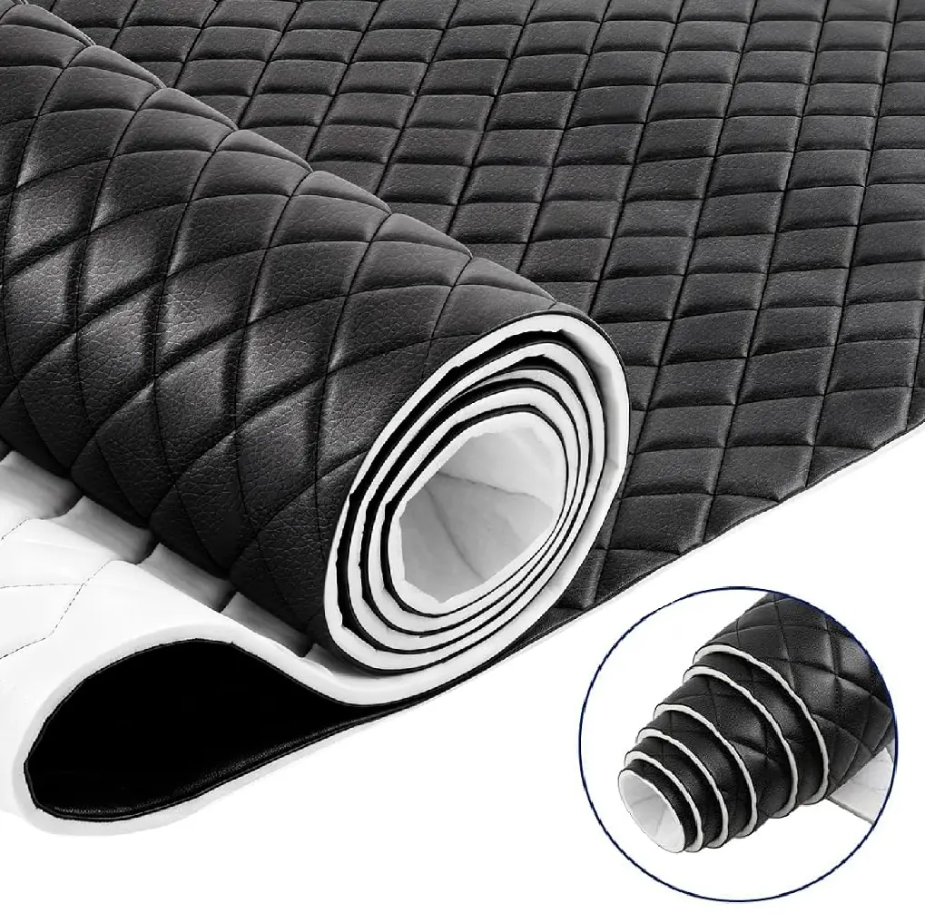 2.1 Yards Diamond Quilted Vinyl Headliner Material 55 in Wide Faux Leather With Foam Backed Diamonds Pattern Fabric For DIY Automotive Rv Boat Ceiling Interior Repair Furniture Upholstery(Black)