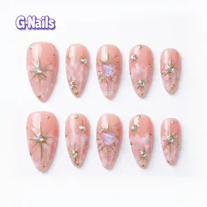 G Nails A08 Nude Pink 10pcs Handmade Press On Nails with Glittering Heart Design for Springnails Premium Craftsmanship