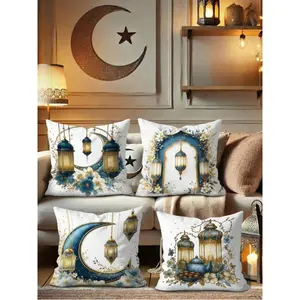 4pcs Modern Geometric Floral Pattern Throw Pillow Covers - Soft Velvet Material, Blue And White, 17.7x17.7 Inches, Zippered, Suitable For Living Room And Bedroom Decor - Pillow Inserts Not Included