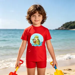 New Summer Kids' Beach Swimwear, Cute Ocean Turtle Printed Short-Sleeve & Shorts Sun-Protective Two-Piece Swimsuit for Boys and Girls
