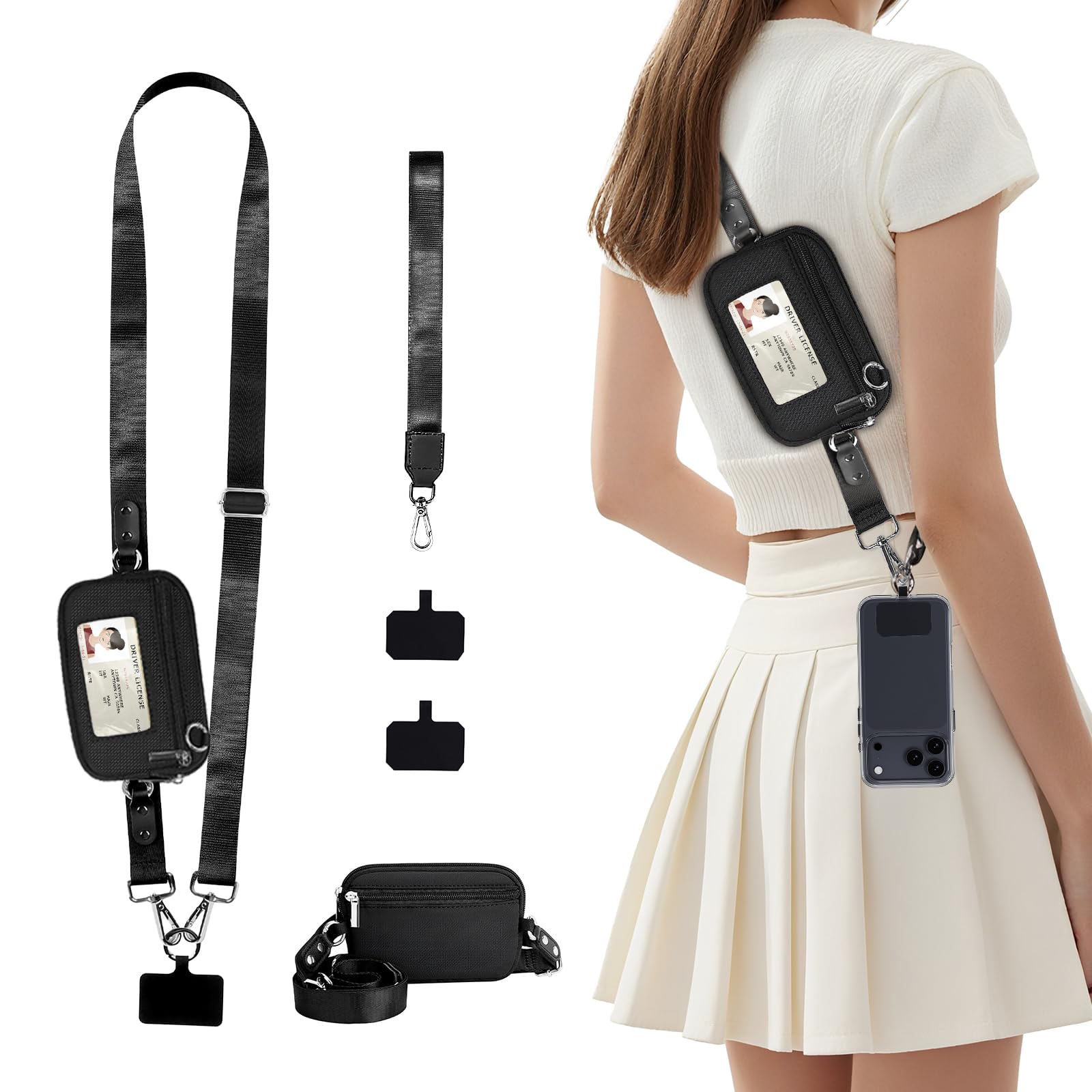 3-in-1 Clip And Go Strap for Phone with Wallet Crossbody Adjustable Phone Strap for Women and Men Phone Lanyard With Anti-Theft Zipper Pouch Detachable Wrist Wallet Compatible with All Phones For Trave or Daily Use