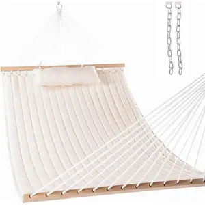 12 FT Double Quilted Fabric Hammock with Spreader Bar and Detachable Pillow, 2 Person Hammock for Outdoor Patio Backyard Poolside, 450lbs Weight Capacity,