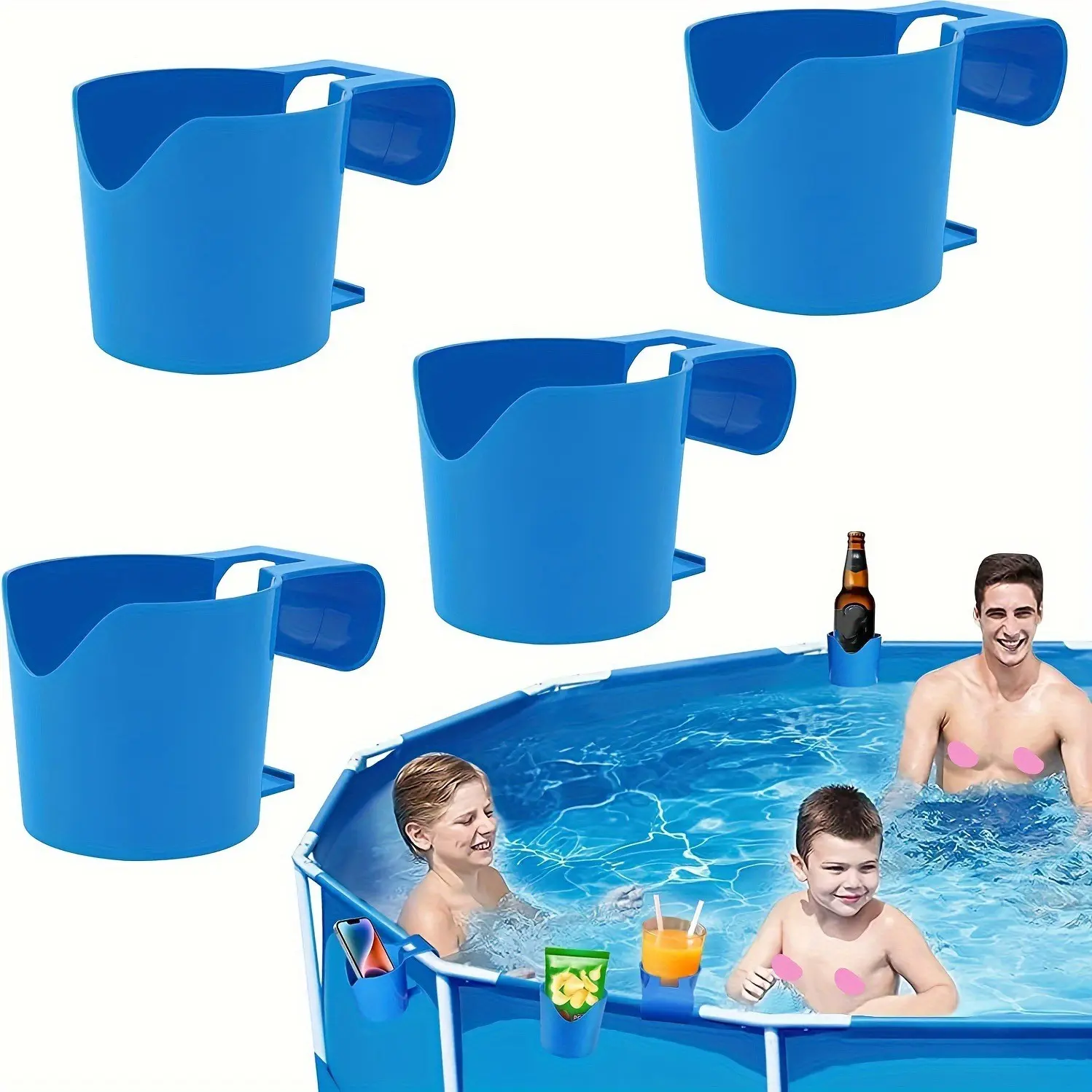 Poolside Plastic Storage Basket with Drink Cup Holder and Hooks, Space-Saving Hanging Box for Towels Snacks Pool Toys, Durable Pool Accessories, Easy Installation