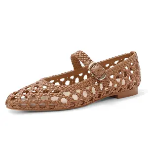 MISSSILVER  Weston Hand Woven Mary Jane Flatsfor Women - Comfortable Faux Leather DressyBallet Flats with Braided Adjustable Buckle &Memory Foam Cushioning