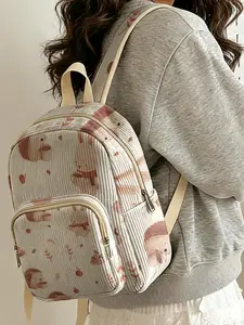 1 piece of hedgehog and rabbit pattern 2D printed ladies' backpack, velvet texture + layered storage + light weight reduction | perfect for students to go to class/shopping/short trips | combines atmosphere with practicality
