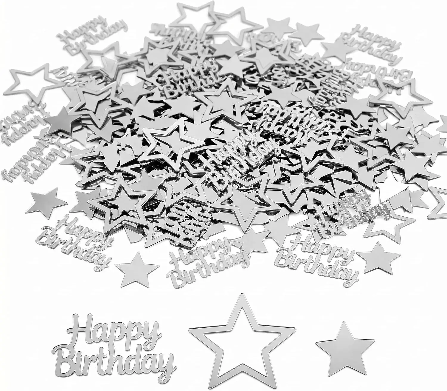 Silver Birthday Confetti – “Happy Birthday” Letters & Star Shapes, Shiny PVC Party Table Scatter Decorations, Reusable Glitter Confetti for Birthday Party Supplies, 1000 Pieces