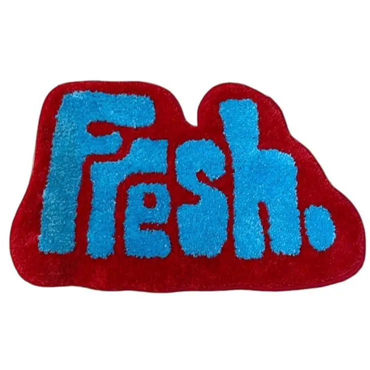 Retro Bubble Letter Fresh Tufted Rug, Irregular Cloud Shape Soft Fluffy Handmade Word Floor Mat, Red Blue Contrast Color Y2K Plush Decor Carpet, Trendy Cool Aesthetic Rug for Bedroom Dorm Bathroom Entryway, Eye-Catching Positive Vibe Accent Mat