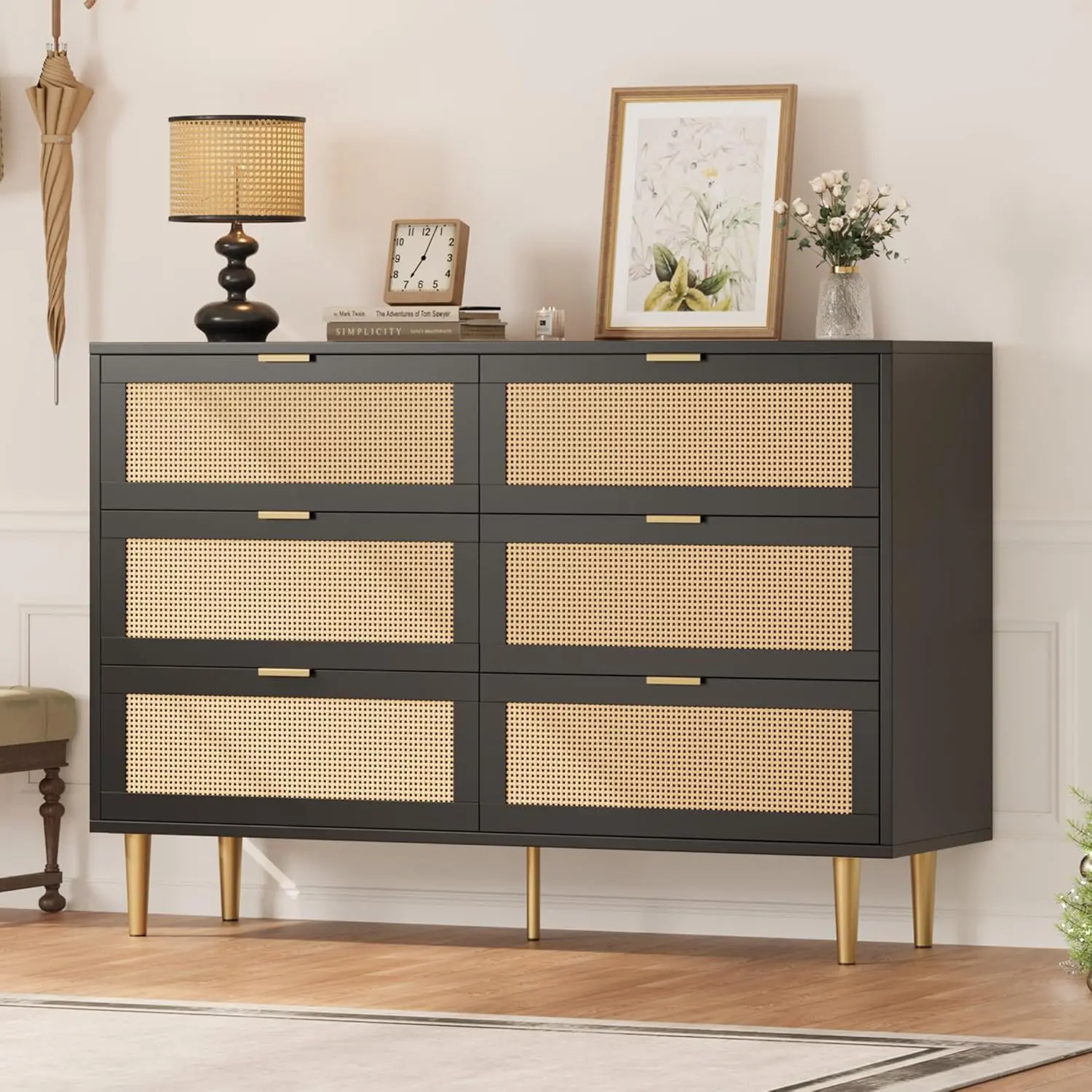 Black Rattan 6-Drawer Dresser, Modern Chest with Gold Legs & Handles, Large  Tabletop Area, 6-Drawer Capacity, Anti-Tipping Design for Bedroom/Living  Room - Black Wooden Storage Cabinet, Sideboard Cabinet, Six-Drawer Capacity  - TikTok
