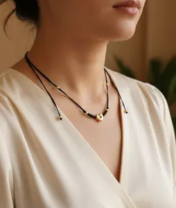 Adjustable Black Thread Necklace with Brass Heart and 18k Gold Plating