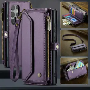 Leather crossbody zipper shoulder bag handle anti drop phone case suitable for Samsung Galaxy S26 S25Ultra S24Ultra S23Ultra S22 Ultr Plus wallet bag fashion protective case fashionable women's multifunctional phone case wallet+long shoulder strap rope+sh