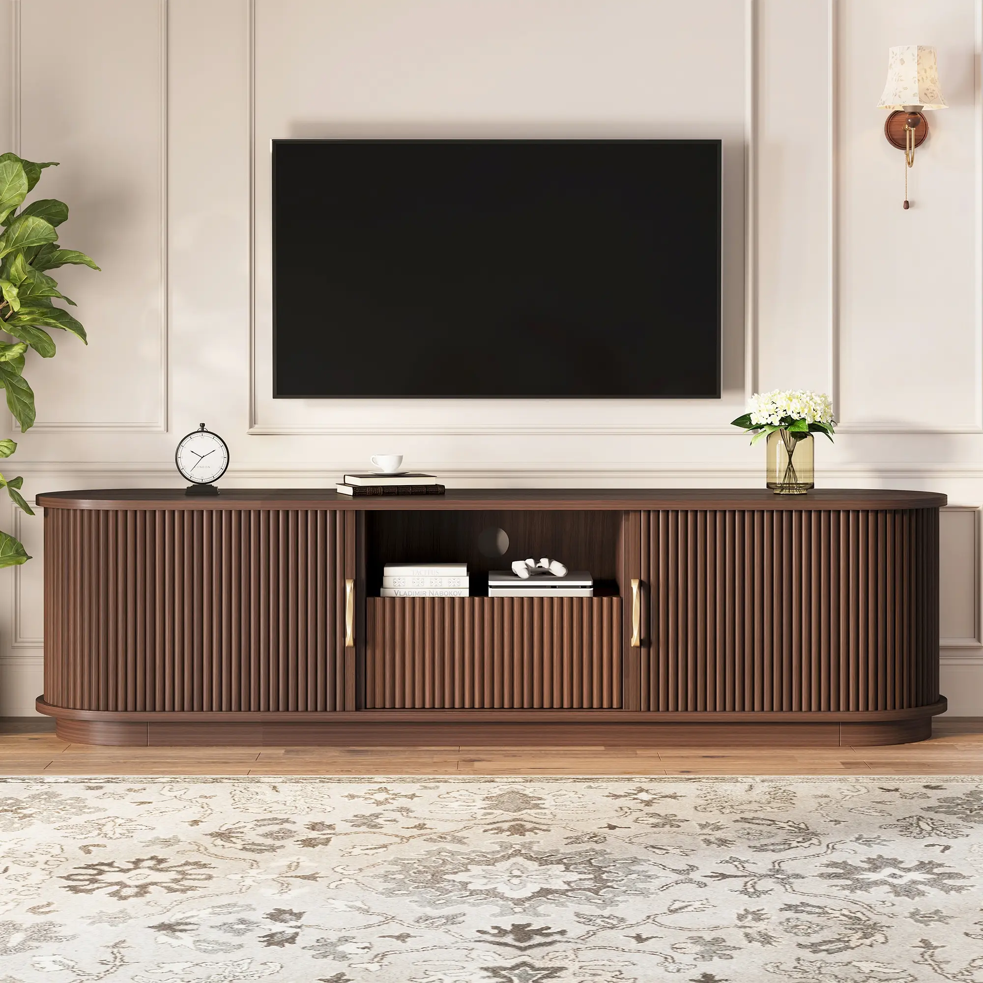 Walnut Farmhouse TV Stand for 75 Inch TV, Vintage Media Console with Sliding Fluted Doors & Drawer, Wood Grain Entertainment Center with Cable Management for Living Room, Bedroom Tv Cabinet Table Tv Shelf
