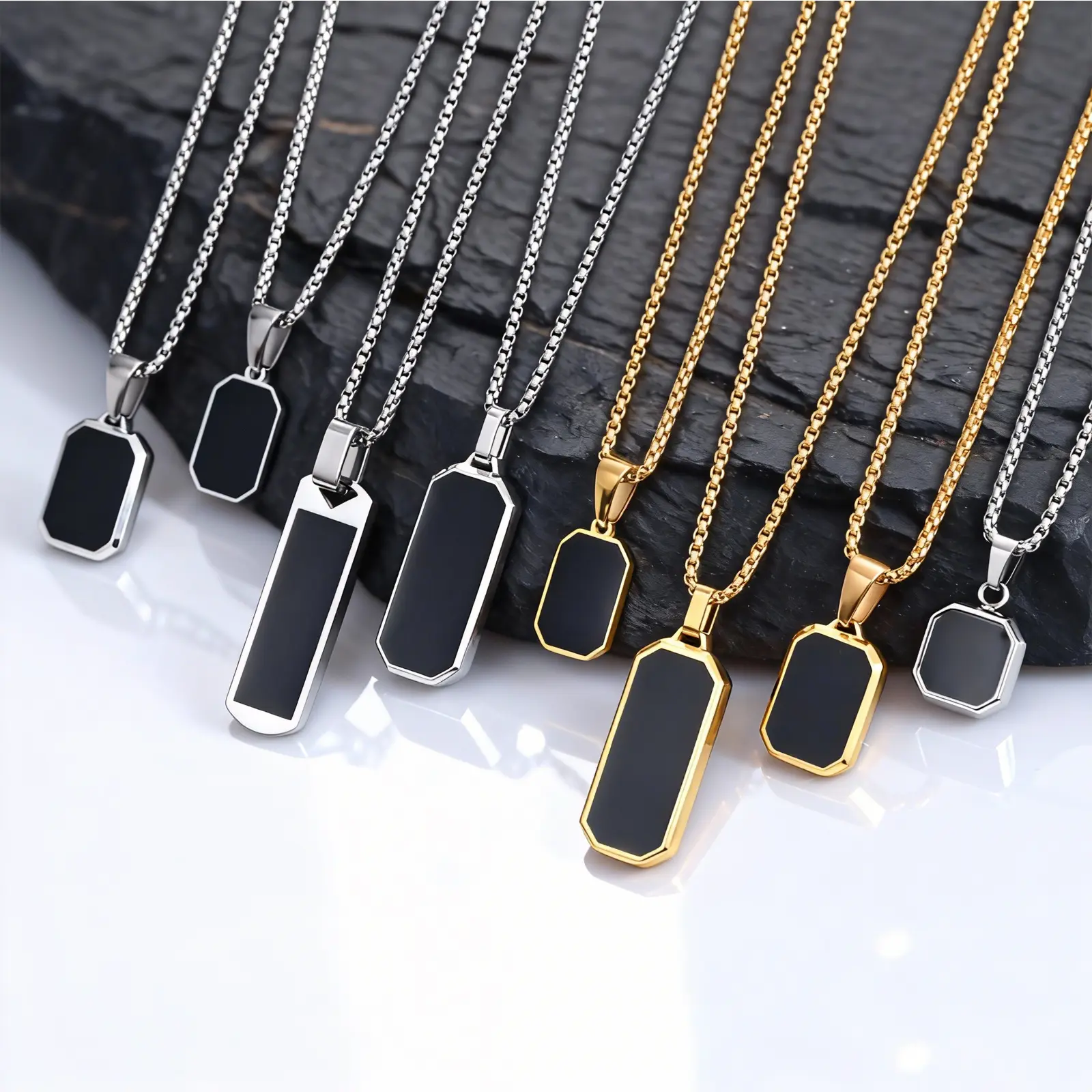 JEWEL-4U - Stylish Men's Black Enamel Necklace,Stainless Steel Geometric Square Small Dogtags Necklace,Anniversary Birthday Father Gift