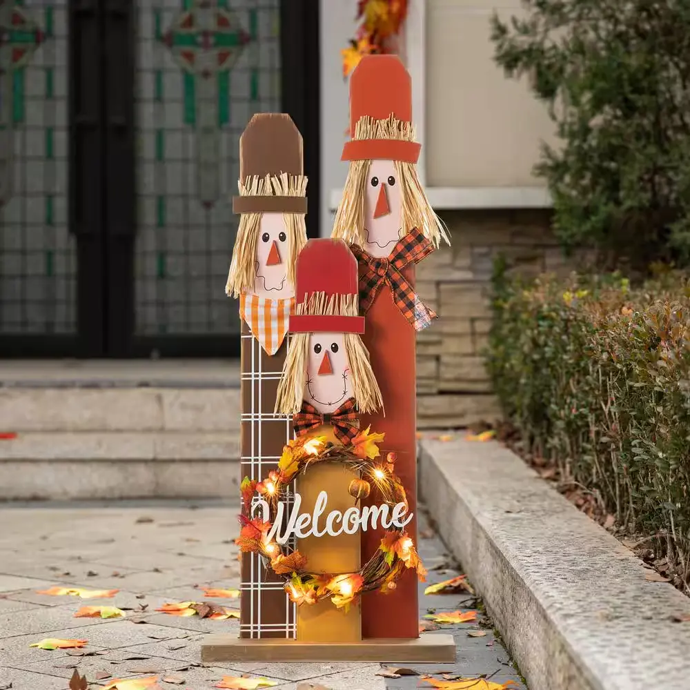 36.25" Lighted Wooden Scarecrow Family Porch Decor with Wreath | LED Fall Harvest Outdoor Decoration | Welcome Rustic Farmhouse Autumn Thanksgiving Yard Display for Front Porch, Entryway, Patio & Indoor Seasonal Decor Glitzhome