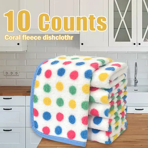 10-Count Machine Washable Microfiber Towel Style Cleaning Cloths, Double-Sided Coral Fleece Reusable Washable Absorbent Detailing Cloths with Polka Dots, Grease-Removing Scratch-Resistant Fast-Drying for Kitchen, Table Cleaning