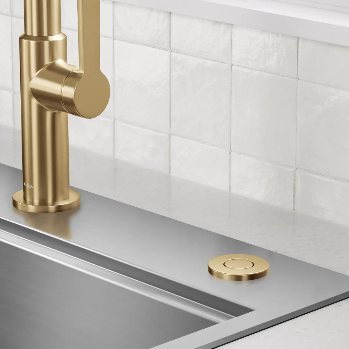 Kraus KWDA-200BB Stainless Steel Garbage Disposal Air Switch Kit with 2 Flat-Top Push Buttons, Spot-Free, AC Adapter, Power Cord & Air Tube, Brushed Brass
