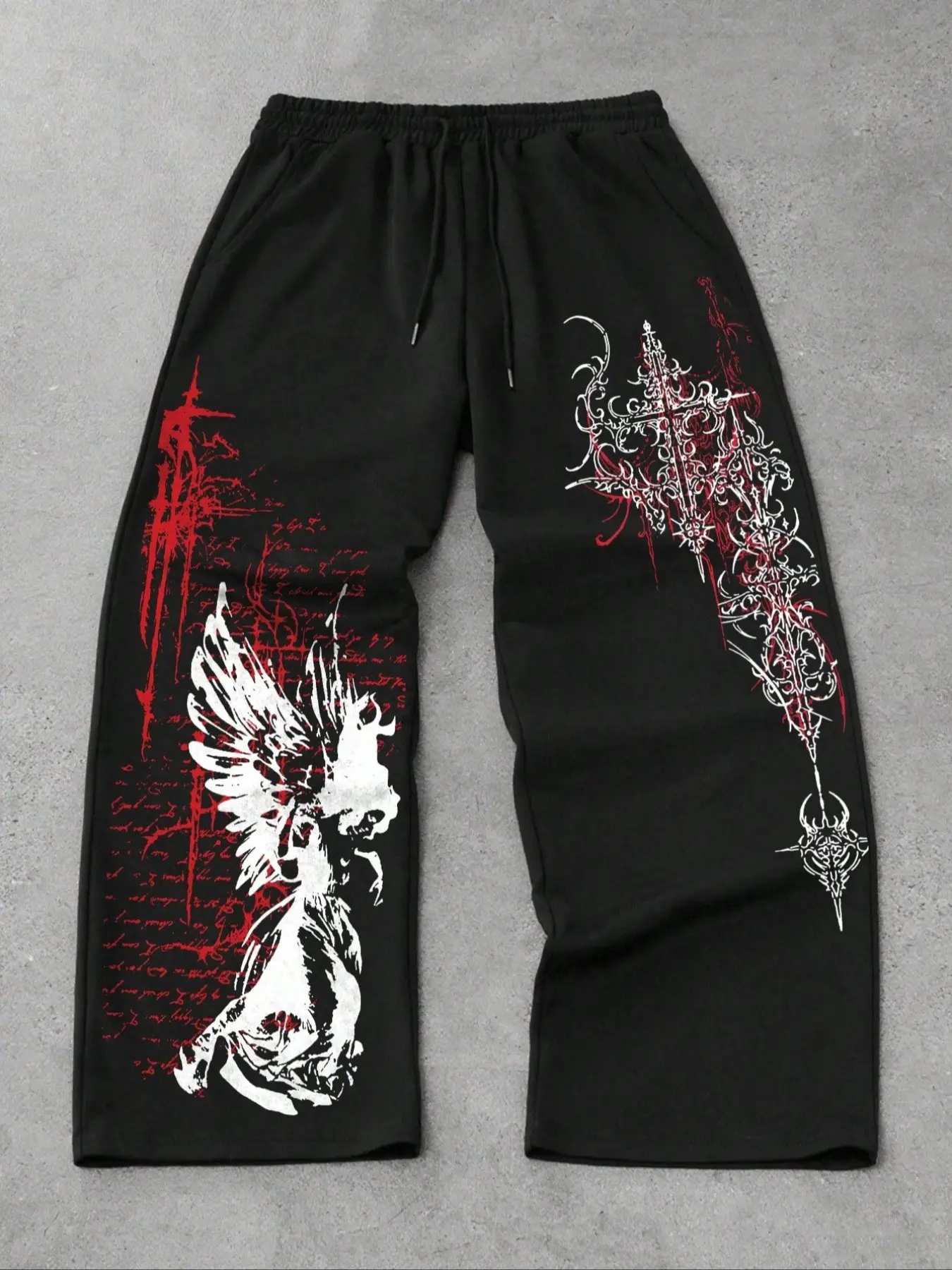 Unisex wear. Gothic style, featuring Gothic runes and angel motifs. Summer lightweight, straight-leg, Breathable Soft Pants with a relaxed fit. Comfortable and breathable, suitable for summer streetwear, Gothic fashion outfits, Bohemian street trousers