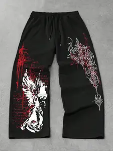 Unisex wear. Gothic style, featuring Gothic runes and angel motifs. Summer lightweight, straight-leg pants with a relaxed fit. Comfortable and breathable, suitable for summer streetwear, Gothic fashion outfits, Bohemian street trousers