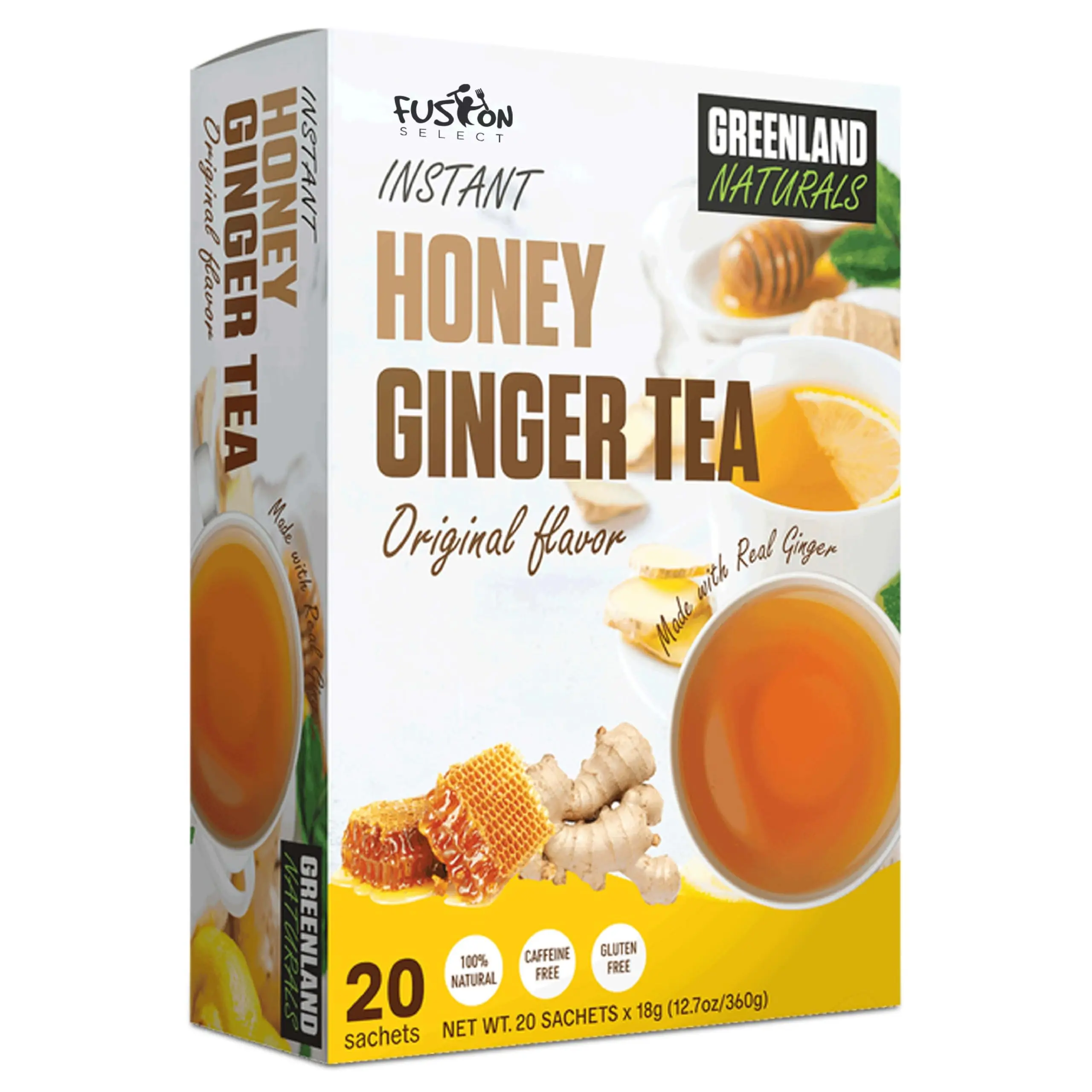 Fusion Select Ginger Honey Crystals, 20 Sachets Instant Ginger Tea with Honey, Easy-to-Prepare Drink Mix, Caffeine Free, Multiple Flavor Options