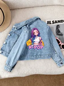 Girls' Casual Fashion Denim Jacket, Sweet Cool Kpop Girl Group Pattern Print, Comfortable Fit, Suitable for School and Dates, Ages 12 and Under