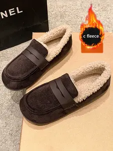 Women's Fleece Lined Indoor Cotton Shoes, Outdoor Slip-On Comfortable Flat Lightweight Shoes, Winter Fashion Anti-Slip Casual Shoes