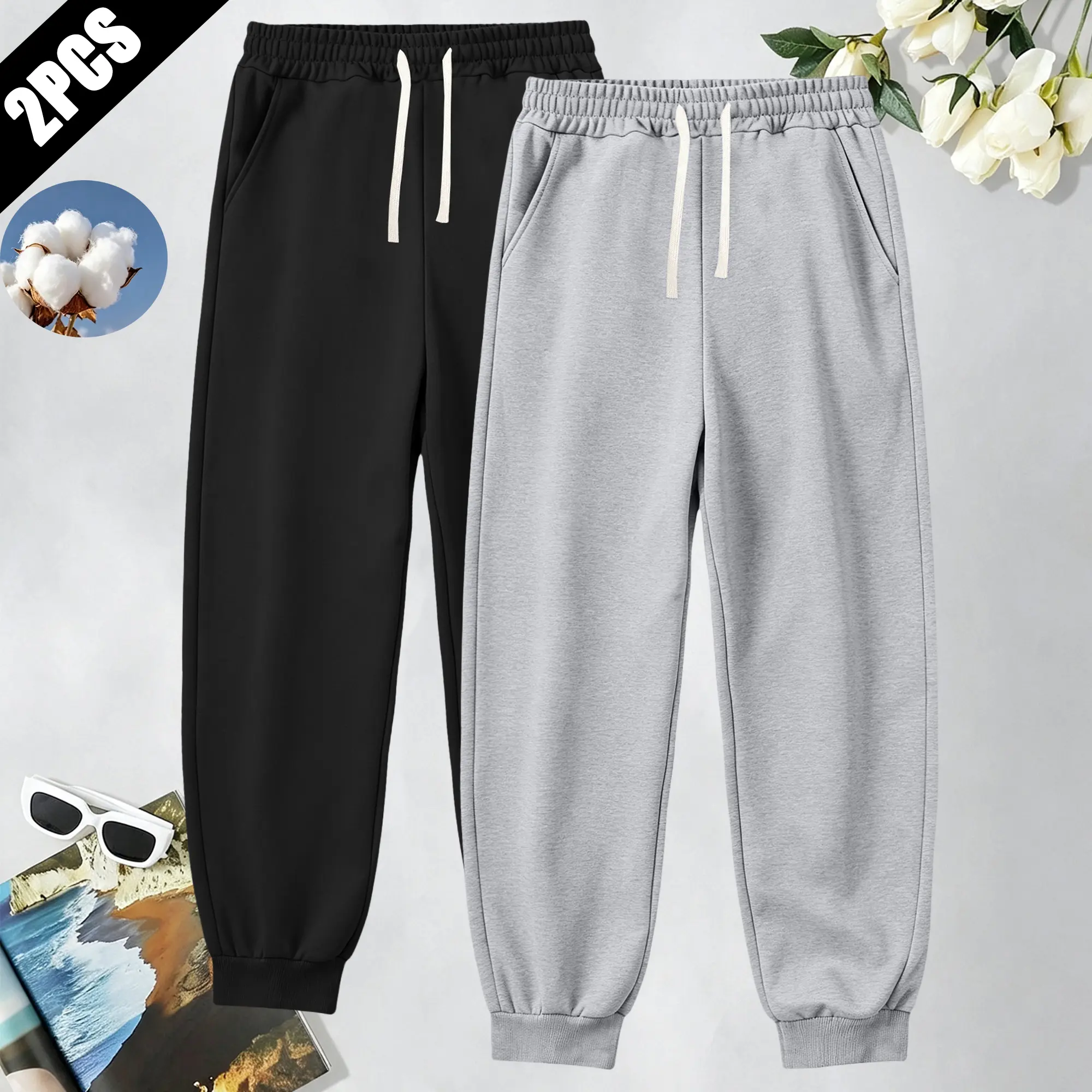 2-Pack Men's Cotton Sweatpants, Solid Color Smooth Fabric Casual Athletic Style Elastic Waist with Drawstring Travel  Vacation Casual  Athletic Men's Clothing Cuffed Pants