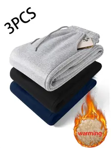 Men's Fleece-Lined Stretch Waist Jogger Pants 3-Pack - Thick Winter Sweatpants with Side Pockets, Warm Lined Outdoor Activity Athletic Pants, Solid Color Fleece Lining, Machine Washable, Perfect for Hiking & Workouts Gift