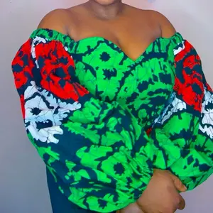 Ankara Print Blouse for Women Summer Fashion Wear with Puffy Arms and Long Sleeves Green Red Floral Design  Top.