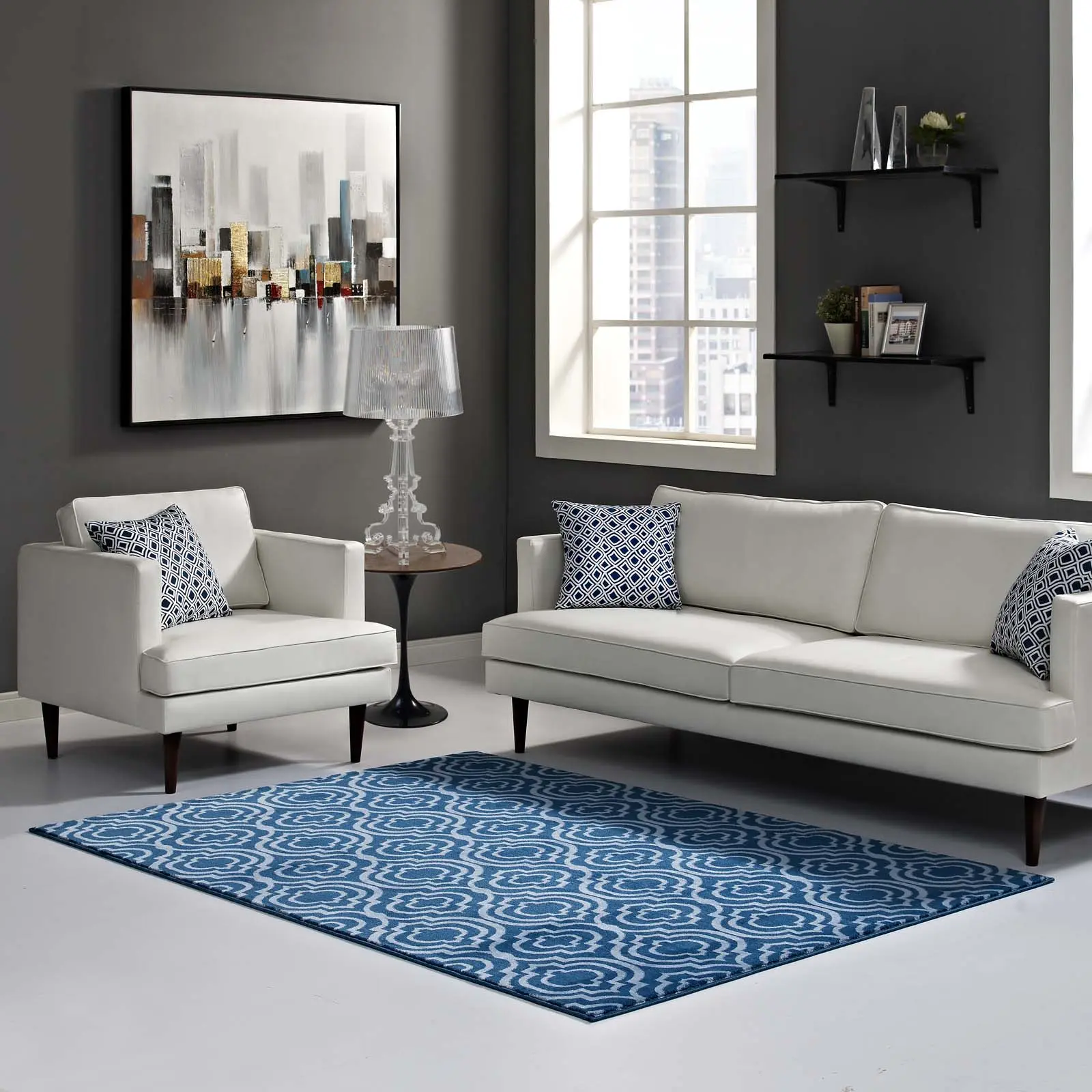 Modway Frame Transitional Moroccan Trellis 5x8 Area Rug in Moroccan Blue and Light Blue