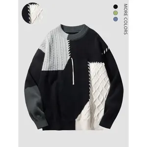 Men's Fall Winter Plaid Knit Crewneck Sweater, Colorblock Patch Design, Casual Fitted Warm Top, Fashionable Versatile Daily Wear